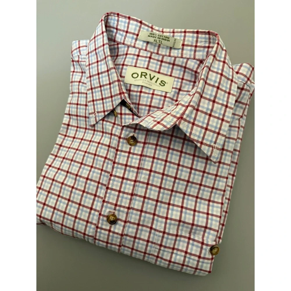 Orvis Mens XL Tall Red Blue Tattersall Plaid Button Down Cotton Shirt XLT L